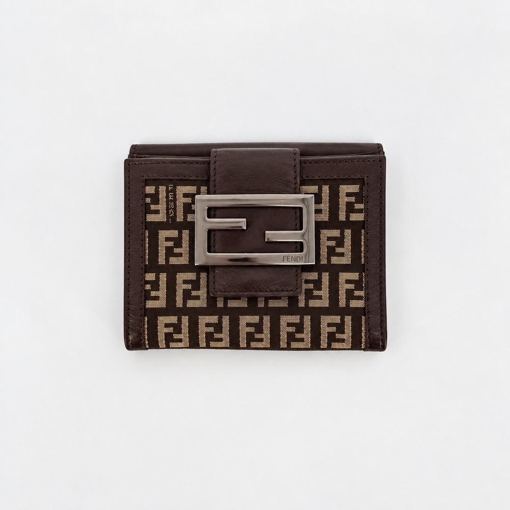 Fendi Zucca Wallet Unisex Brown Leather Monogram Trifold Logo Luxury Y2K Vintage